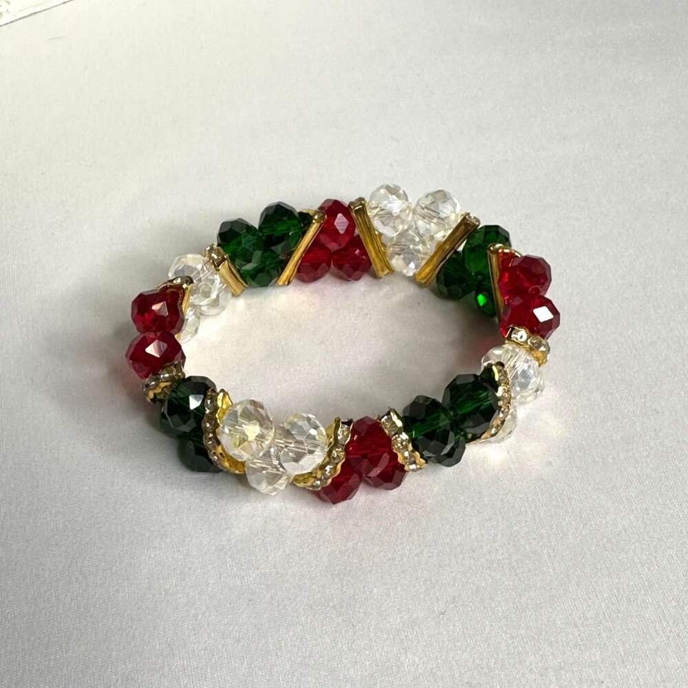 Holiday-Inspired Stretch Bracelet With Red Green & Clear Beaded Design Golden - Picture 2 of 6